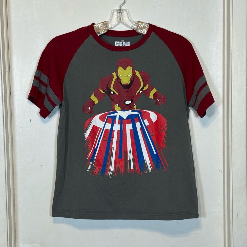 Marvel Captain America Civil War Iron Man Raglan Shirt Grey Red Mad Engine L